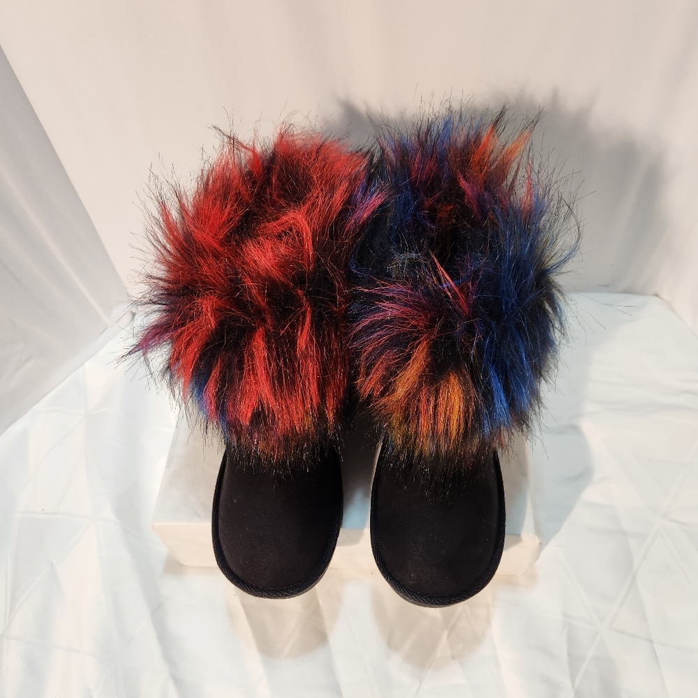 JUSTFAB MULTICOLOR CARRIE FAUX-FUR FUZZY BLACK ANKLE BOOTS 6 - Picture 2 of 9